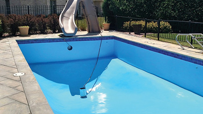 This before and after photo set shows a pool painted in suburban Chicago by All Seasons Pools and Spas. It depicts the extensive prep work required of a quality paint job, and the beautiful final result it ensures. Photo courtesy All Seasons