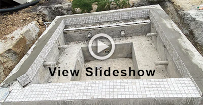 Construction sequence on a spa with an automatic cover by Modish Pools. Note the construction efforts to conceal the cover, and the clean, smart result.