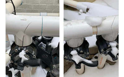 Regardless of material, whether it was reinforced vinyl, copper or PVC, it cracked under the tremendous force of molecular expansion due to freezing. (Photos courtesy Junior Lopéz, JR Pools in Dallas, Texas)