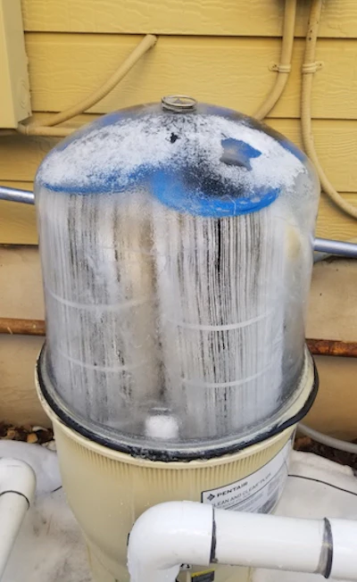 This lovely ice sculpture is actually the interior of a cartridge filter, with the cracked casing removed. (Photo courtesy Anthony Mojica)