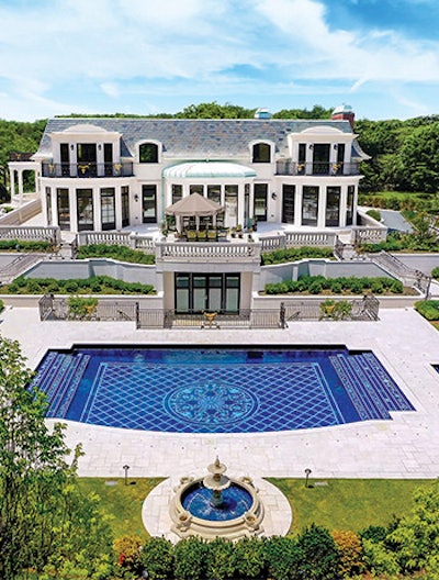 Integrating the tile inlay design with structures and grounds is absolutely paramount. The pool mosaic above not only complements the stately home but completes it.
