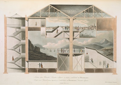 Section view of the panorama building presented by Robert Barker in London’s Leicester Square, an elaborate and powerful precursor of today’s virtual reality. Note the familiar view of the dome of St. Paul’s Cathedral in the upper half. The lower half features a view of Edinburgh from Calton Hill.