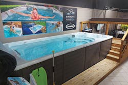 This compelling display from Jacuzzi Ontario, though it consumes retail floor space, brings the customer into the actual experience of the swim spa and drives sales of the high margin product.