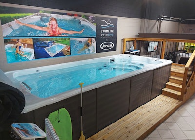 This compelling display from Jacuzzi Ontario, though it consumes retail floor space, brings the customer into the actual experience of the swim spa and drives sales of the high margin product.