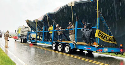 This tilted pool orientation keeps the overall width of the trailer under 12 feet and allows shipping without expensive escort vehicles. It also provides welcome shelter from the occasional downpour.