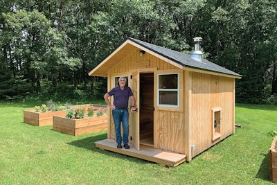 Christensen Saunas are best described as tiny buildings. This cedar sauna, the company’s most popular model, is complemented with raised flower beds.