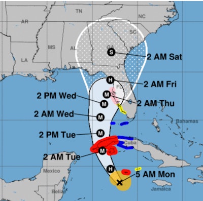 Cone of uncertainty for Ian at 5 a.m., Monday, September 26, 2022. Note the right front quadrant of the expanding cone, where the spinning hurricane winds drive seawater landward in a storm surge, causing maximum destruction.