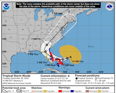 Tropical Storm Nicole cone of uncertainty as of 10 a.m. Nov. 8, 2022.