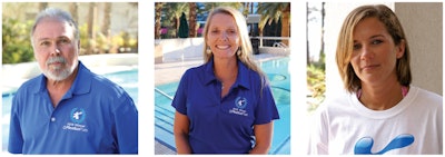 Left to right, Dick Abare of Algae Busters Pool Service in Tampa, Fla.; Amy Lemieux of Patchouli Pools in Englewood, Fla.; Jill Midgett of Nags Head Pools in the Outer Banks. All are former winners of Pleatco’s Perfect Pool Guy and Pool Gal contest.