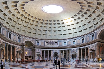The Pantheon in Rome, with the world's largest unreinforced concrete dome, was built in the year 128 AD. That's the original concrete up there.