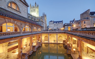 Public pool built by the Romans at Bath, UK, in the first century AD, using a combination of concrete and stone. Still looking good.