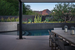 The design solution of a backyard renovation in Scottsdale, Ariz. was to frame the true subject of the backyard scene, obscure the competing roofline with an ironwood tree, and balance the tree with a vertical cacti element, forming an attractive composition.