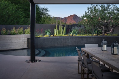 The design solution of a backyard renovation in Scottsdale, Ariz. was to frame the true subject of the backyard scene, obscure the competing roofline with an ironwood tree, and balance the tree with a vertical cacti element, forming an attractive composition.