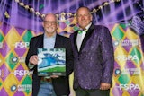 Photo (from L to R): Don Cesarone from Lucas Lagoons pose with FSPA Board President Don Ball upon receiving the Best in Show Award at the 2023 FSPA Design Awards.