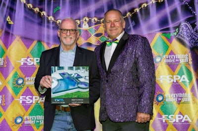 Photo (from L to R): Don Cesarone from Lucas Lagoons pose with FSPA Board President Don Ball upon receiving the Best in Show Award at the 2023 FSPA Design Awards.