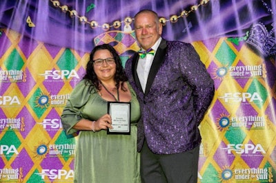 Photo (from L): Ericka Villegas of Port St. Lucie’s Jason Draime, Inc. with FSPA President Don Ball. Villegas was recognized with the Community Service Award at the 2023 Welcome and Awards Reception.