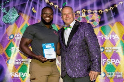 Photo (from L): Richard Roberts of Tampa’s Pool Troopers with FSPA President Don Ball. Roberts was recognized with the Tampa Bay Chapter Service Professional of the Year Award at the 2023 Welcome and Awards Reception.