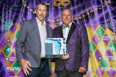 Photo (from L to R): Rob Tangeman, designer from Best Pools of Brevard, poses with FSPA Board President Don Ball upon receiving the “Salt Life” Award at the 2023 FSPA Design Awards.