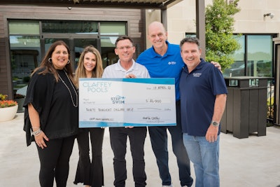 L-R: Sabeena Hickman, CAE, President & CEO, PHTA; Shelly Claffey, Owner/Design Consultant, Claffey Pools; Charlie Claffey, President, Claffey Pools; Rowdy Gaines, Vice President of Partnerships & Development, PHTA; Brian Claffey, Owner/Sales Manager, Claffey Pools