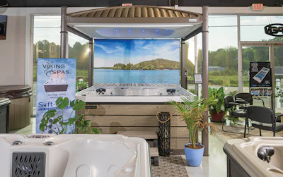 With 10 hot tubs (the company works with Viking Spas) and four swim spas on the showroom floor, prospective customers can touch, feel and see the product, which makes all the difference.