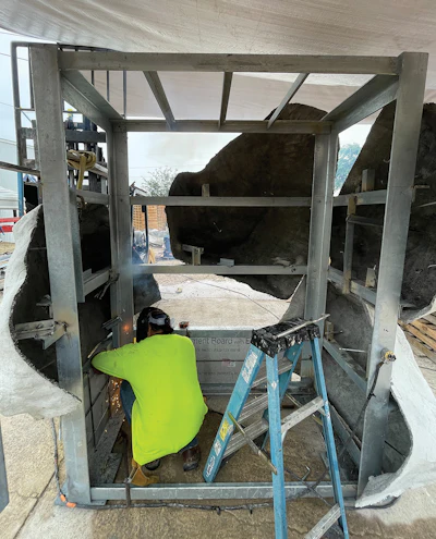 The water feature was built offsite in Texas and then trucked over 1,000 miles to the Showboat Resort, near the Atlantic City Convention Center, home of the annual Pool & Spa Show. It was assembled on 10 steel frames.