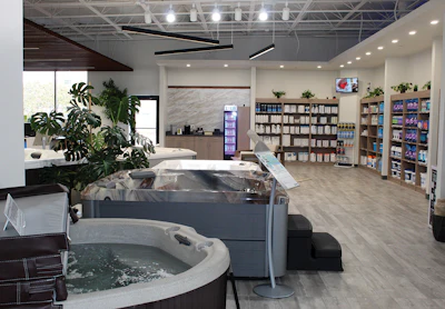With the new store's ample footprint, numerous spas are displayed without a feeling of confinement.