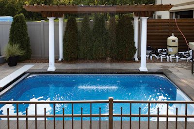 Enchanced product presention, like the working swimming pool above, complete with a stunning water feature, pergola and equipment pad, helps increase sales and customer engagement.