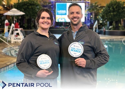 The 2023 Grand Finalists, Cristina Forcione and Wes Kane, are honored at the Pentair Pool Pro awards ceremony in Atlantic City.