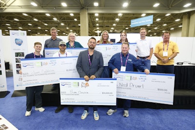 The five finalists of the 2024 Million Dollar Pool Design Challenge pose alongside Mike Farley (back left) and Reid Schindler (back row, second from right).