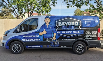 1 K 725 Aq Sc Mascot Driven Vehicle Wrap Beyond Blue Pool Equipment Repairs Lg