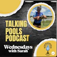 Talking Pools Podcast promo: Sarah holding pool equipment against outdoor backdrop
