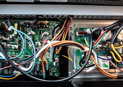 Circuitry and motherboard for an Intermatic ECO series heat pump which uses inverter technology, displaying to the naked eye the high level of electronic sophistication in modern pool equipment.
