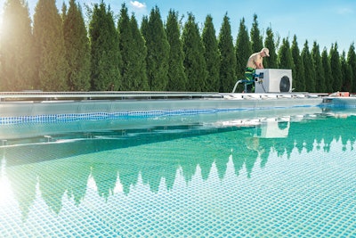 Heat pump installation on a new pool. In California, after January 1, heat pumps will become one of two practical options (along with solar) allowable for new heating installations.