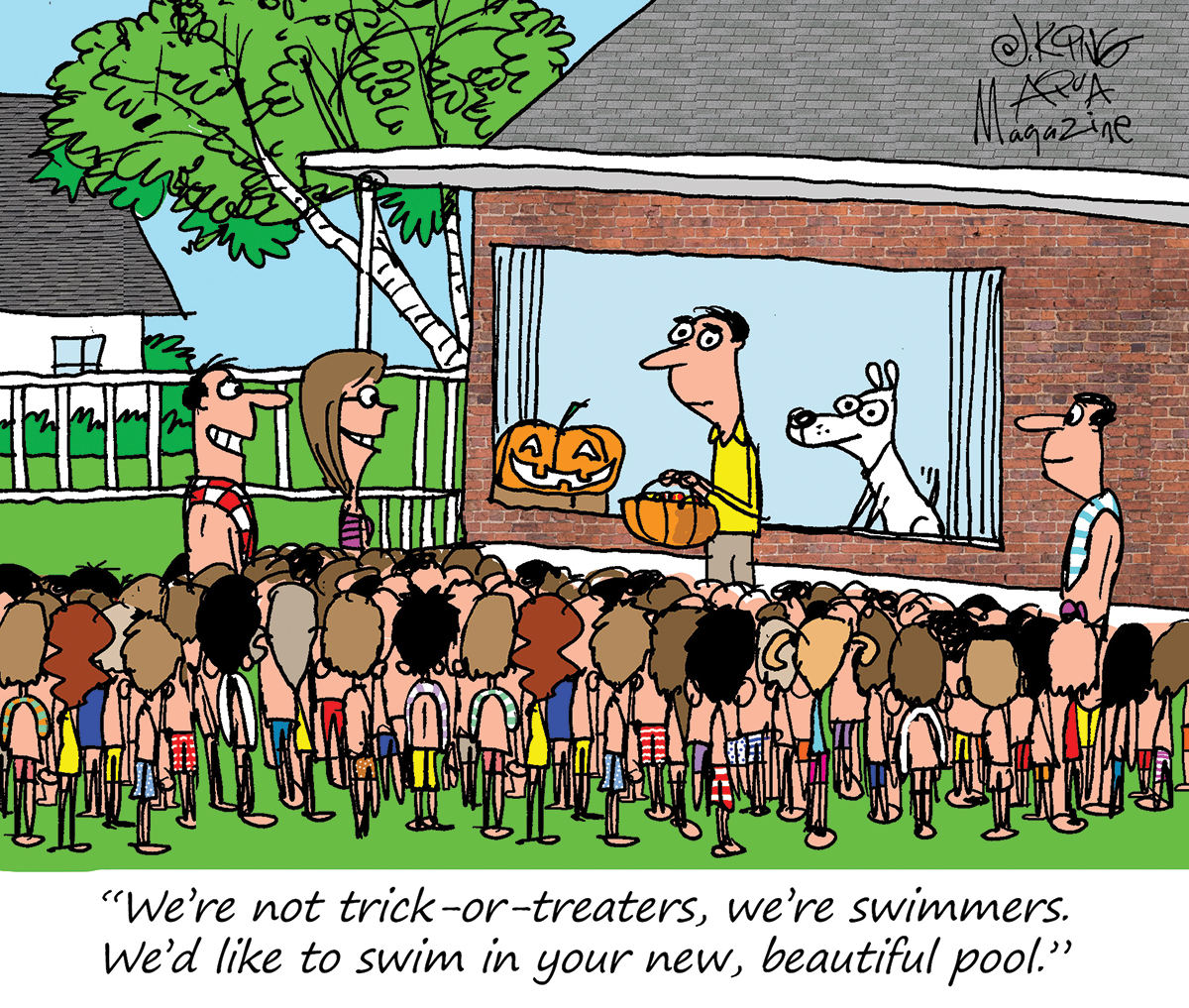 Cartoon crowd of swimmers asking to use a homeowner's pool on Halloween