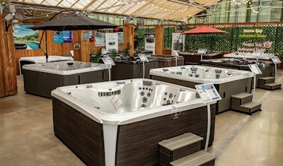 A foreclosed plant nursery was transformed, with space to show 25 to 30 hot tub models at one time.
