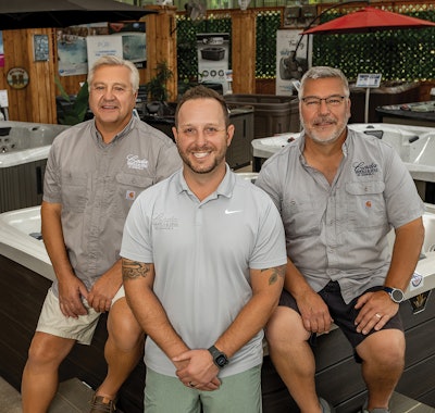 Today, Cada Pools & Spas is owned by Tom and Brian Cada, pictured above with Store Manager A.J. Cada.