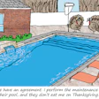 Cartoon turkeys discussing pool maintenance near a backyard swimming pool