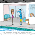 Cartoon characters by a pool, one suggesting a heater after cold water