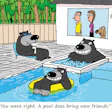 Cartoon bears enjoying a swimming pool, with humans watching from window