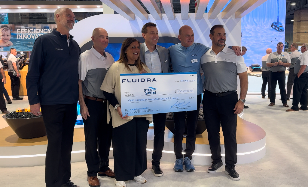 L-R: Brad Parker, Vice President of Marketing at Fluidra; Steve Gutai, Vice President and General Manager of Commercial at Fluidra North America; Sabeena Hickman, CAE, PHTA President & CEO; Jon Viner, President of Fluidra North America; Rowdy Gaines, PHTA Vice President of Partnerships & Development; Enrique Gomez, Vice President of Sales at Fluidra