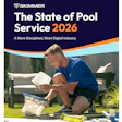 Pool service technician cleaning pool equipment on grass with Skimmer 2026 report cover