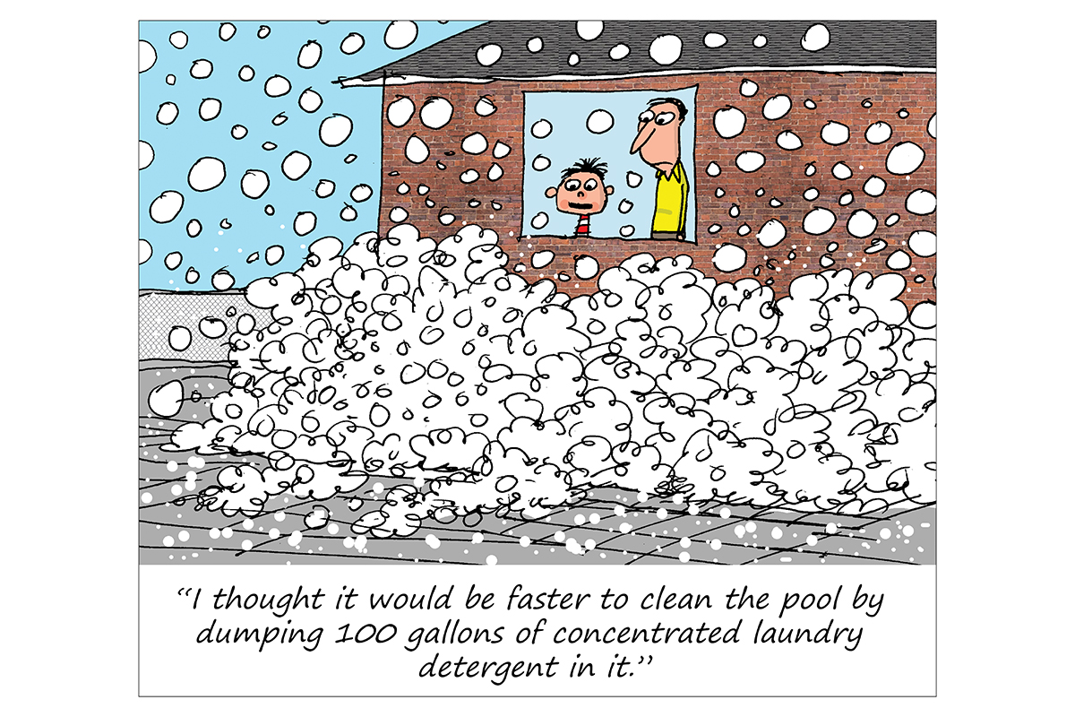 Cartoon of pool overflowing with soap suds after using too much laundry detergent