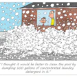 Cartoon of pool overflowing with soap suds after using too much laundry detergent