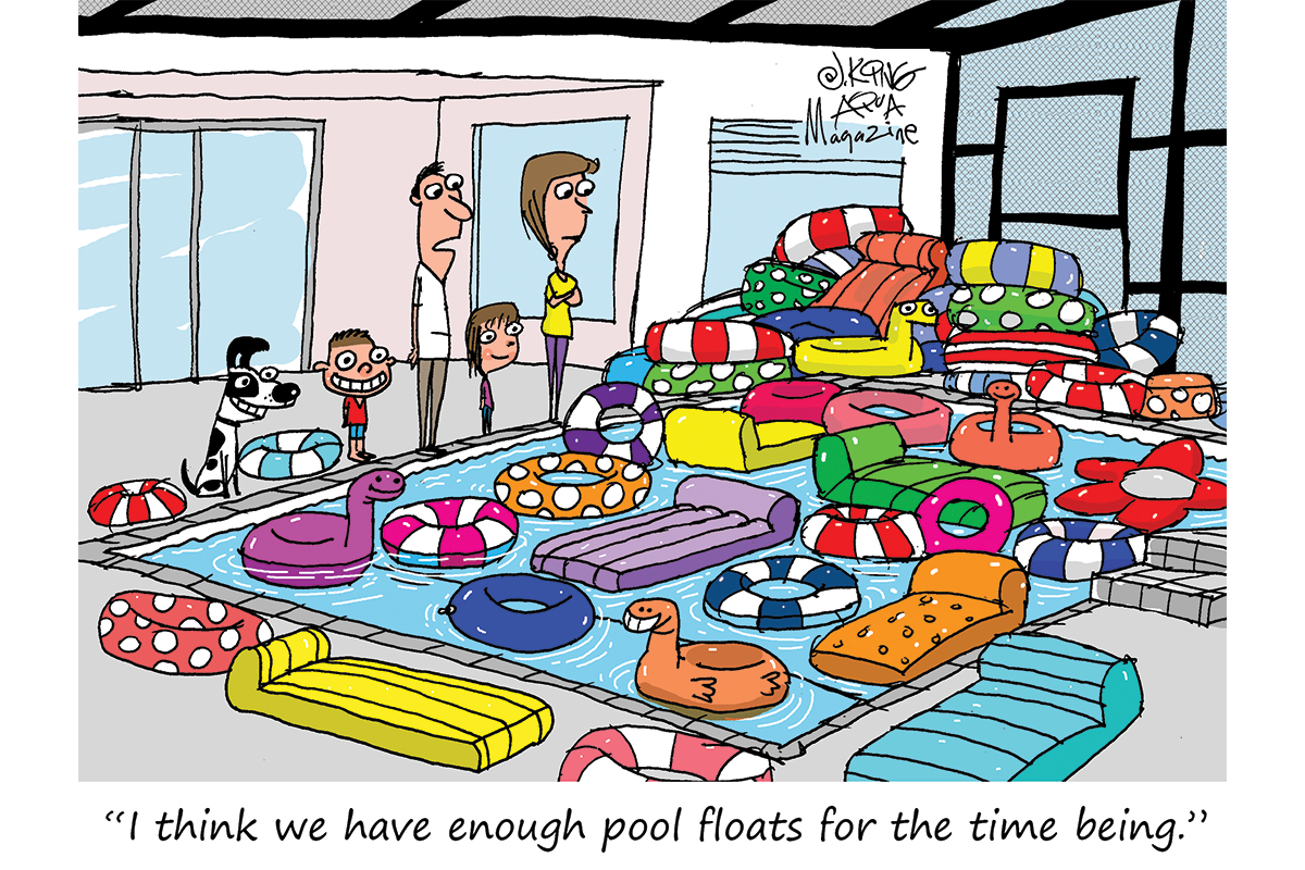 Cartoon family observing an overwhelming collection of colorful pool floats filling their living room floor.