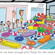 Cartoon family observing an overwhelming collection of colorful pool floats filling their living room floor.