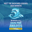 2025 Backyard Legends Pro Awards promotional graphic featuring Pentair Pool logo and wave design on blue pool background