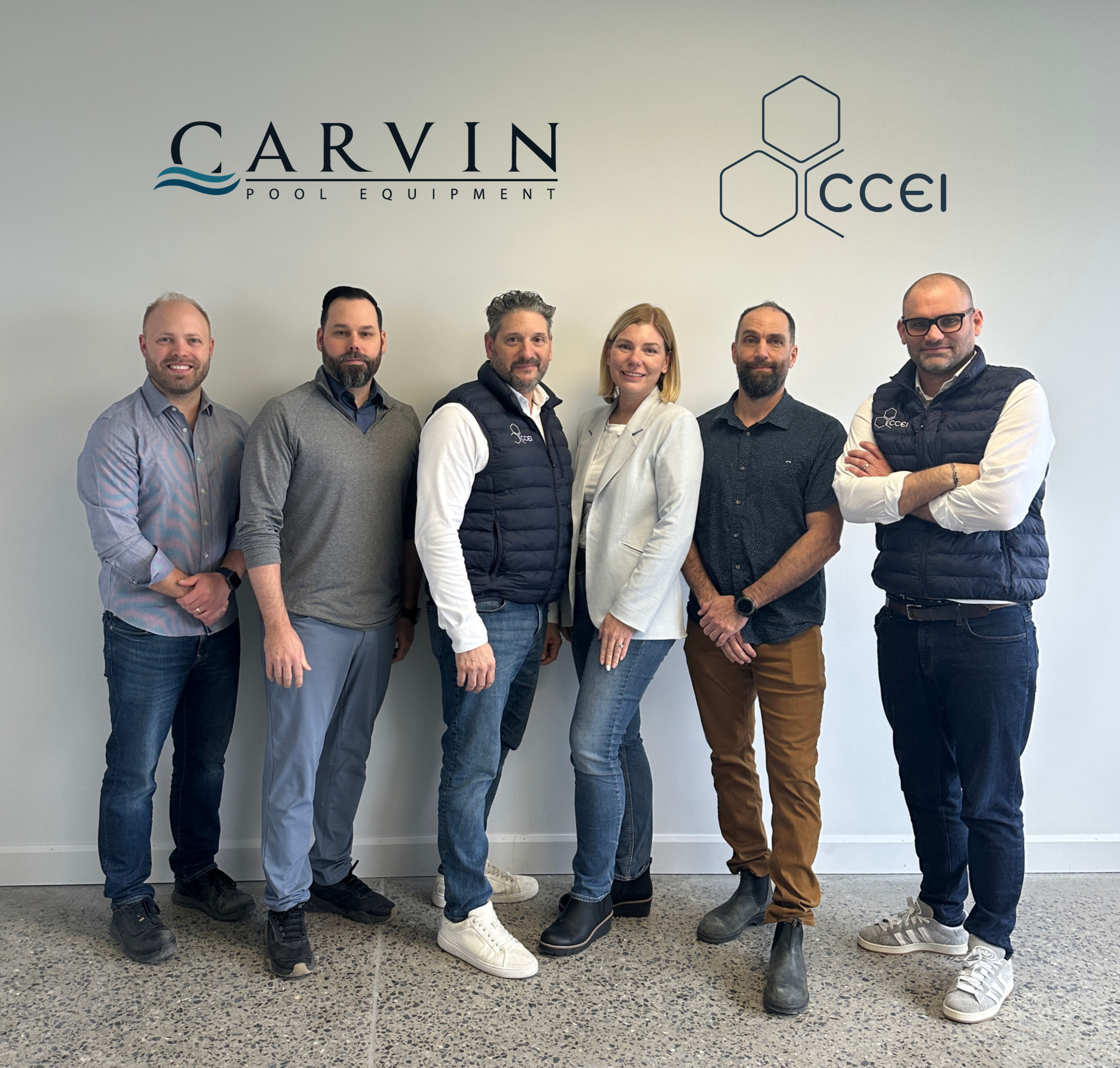 From left to right: Michael Durand, Project Manager (VIF Group); David Danyluk, Project & Quality Director (VIF Group); Martin Grenier, Sales Representative (CCEI Pool North America); Klaudia Parker, SVP Sales & Marketing (Carvin Pool Equipment); Alain Barab&eacute;, Senior Industrial Designer (Carvin Pool Equipment); S&eacute;bastien Chereau, Marketing Director (CCEI Group).