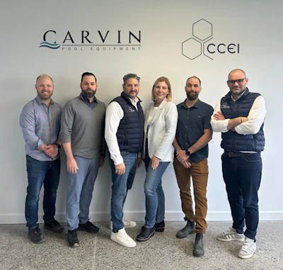 From left to right: Michael Durand, Project Manager (VIF Group); David Danyluk, Project & Quality Director (VIF Group); Martin Grenier, Sales Representative (CCEI Pool North America); Klaudia Parker, SVP Sales & Marketing (Carvin Pool Equipment); Alain Barab&eacute;, Senior Industrial Designer (Carvin Pool Equipment); S&eacute;bastien Chereau, Marketing Director (CCEI Group).