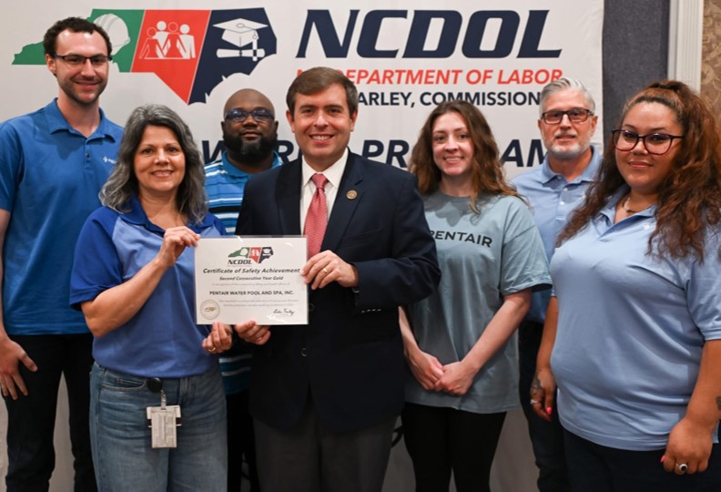 From left to right: Max Wascher, Jennifer Brown, Zedrick Bass, NCDOL Commissioner Farley, Cheyenne Brown, Michael Stephens, Tiffany Bryant