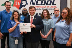 From left to right: Max Wascher, Jennifer Brown, Zedrick Bass, NCDOL Commissioner Farley, Cheyenne Brown, Michael Stephens, Tiffany Bryant